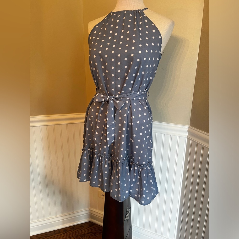 Shein blue and white polka dot ruffled hem belted dress size girls11/12